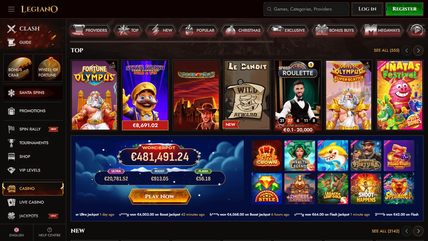 Legiano Casino games selection on desktop