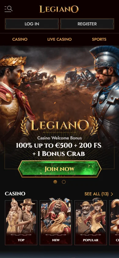 Legiano Casino home experience on mobile