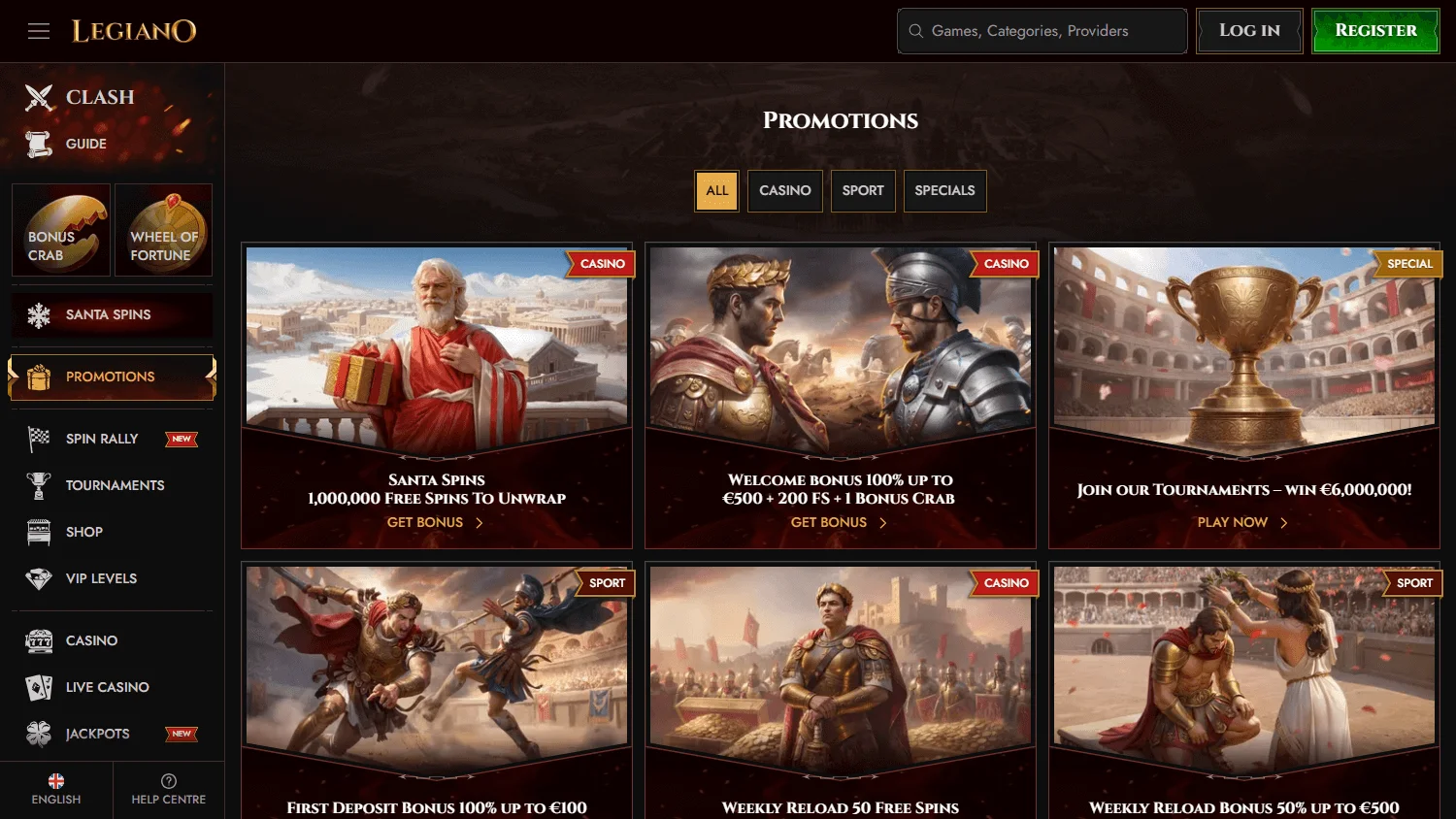 Legiano Casino promotions area on desktop