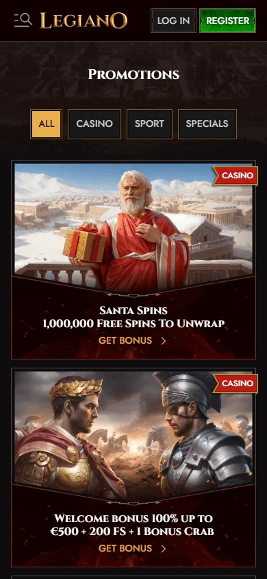 Legiano Casino promotions area on mobile