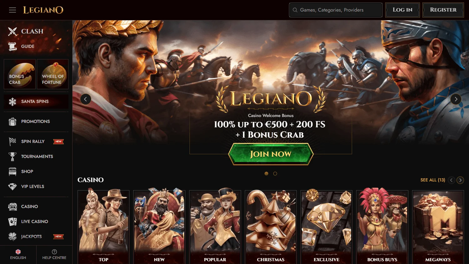 Legiano Casino home experience on desktop