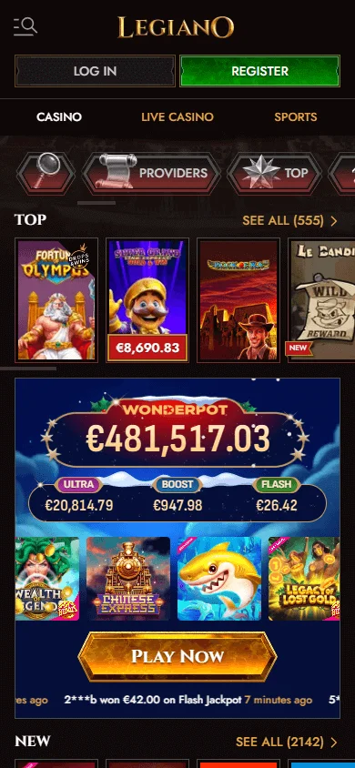 Legiano Casino games selection on mobile